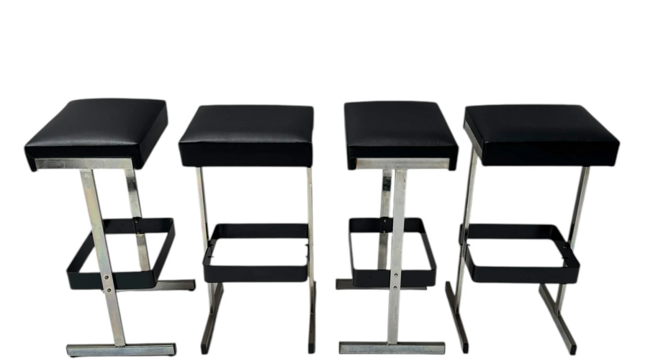 Four Mid-Century Modern Bar Stools with Black Leather Seats, 1970s